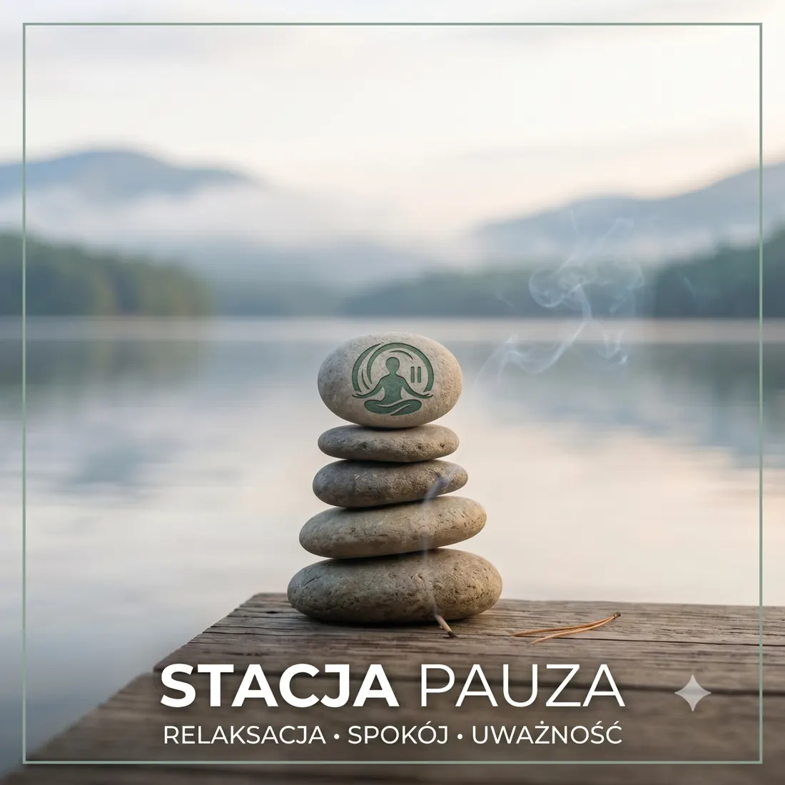 Stos kamieni z sygnetem Stacji Pauza na pomoście nad mglistym jeziorem